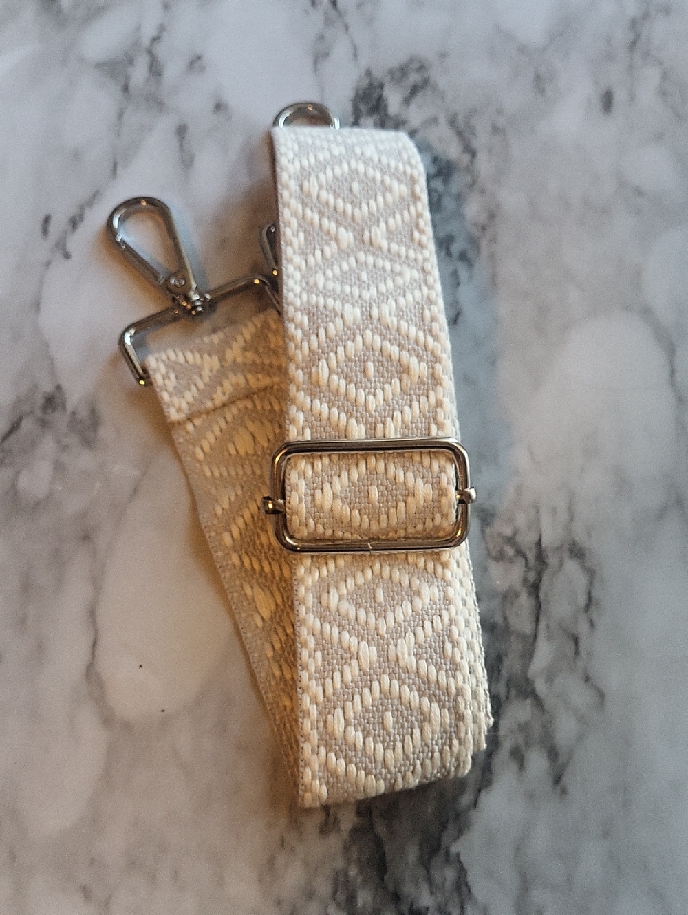 Cream Woven Adjustable Bag Strap with Silver Hardware